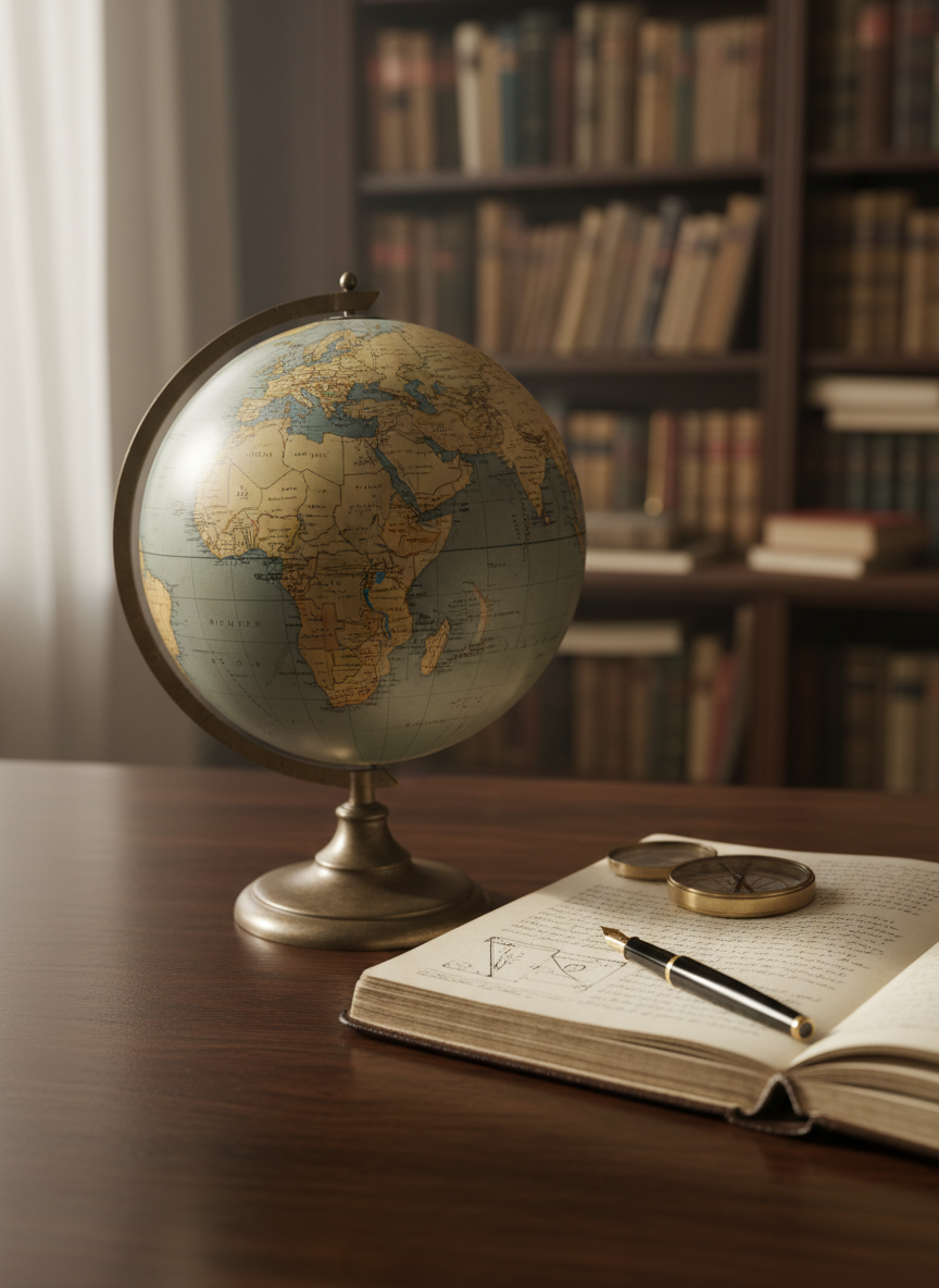 A heavy, slightly worn globe made of matte-finished metal and muted earth tones stands on a dark wooden desk, its countries and borders finely engraved. Around it lie an open leather-bound notebook filled with neat handwritten notes, a vintage brass compass, and a slim black fountain pen resting diagonally. The scene is set in a quiet study with floor-to-ceiling bookshelves blurred in the background. Soft morning light filters in from an unseen window to the left, creating gentle highlights on the globe’s curved surface and subtle shadows on the desk. Shot at eye level with a shallow depth of field, the mood is contemplative and analytical, in a clean, photographic realist style that suggests careful reflection on world events.