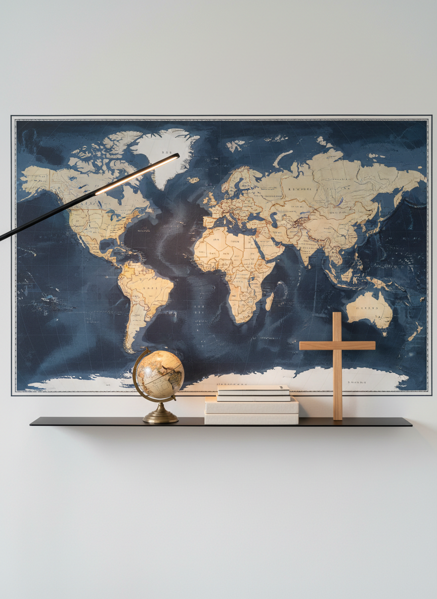 A large, detailed wall map in muted blues, ochres, and grays covers most of a clean white wall, every border and coastline sharply defined. In front of it, a minimalist black metal shelf holds a small antique globe, a stack of neutral-colored notebooks, and a simple wooden cross standing upright. A slim LED desk lamp from the upper left bathes the scene in soft, warm artificial light, creating delicate highlights along the map’s creases and the cross’s grain. Shot straight-on with sharp focus throughout and a balanced, rule-of-thirds composition, the mood is steady and reflective. The photographic realism and restrained color palette convey serious, structured thinking about world affairs in light of Scripture.